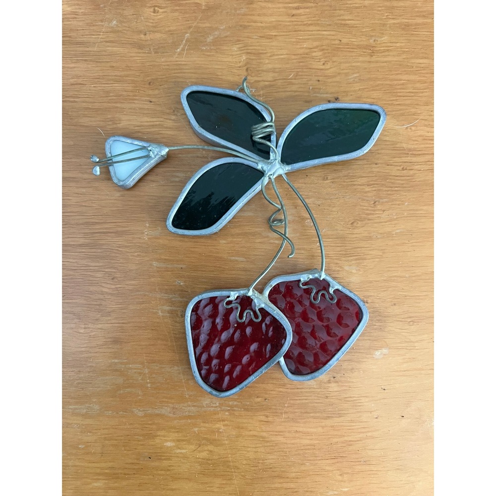 Vintage Stained Glass Strawberry Suncatcher Red Fruit Window Hanging Cottagecore